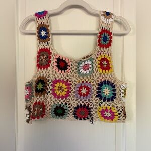 Boho Crochet Granny Square Tank - Festival Knit Crop - Small - handmade
